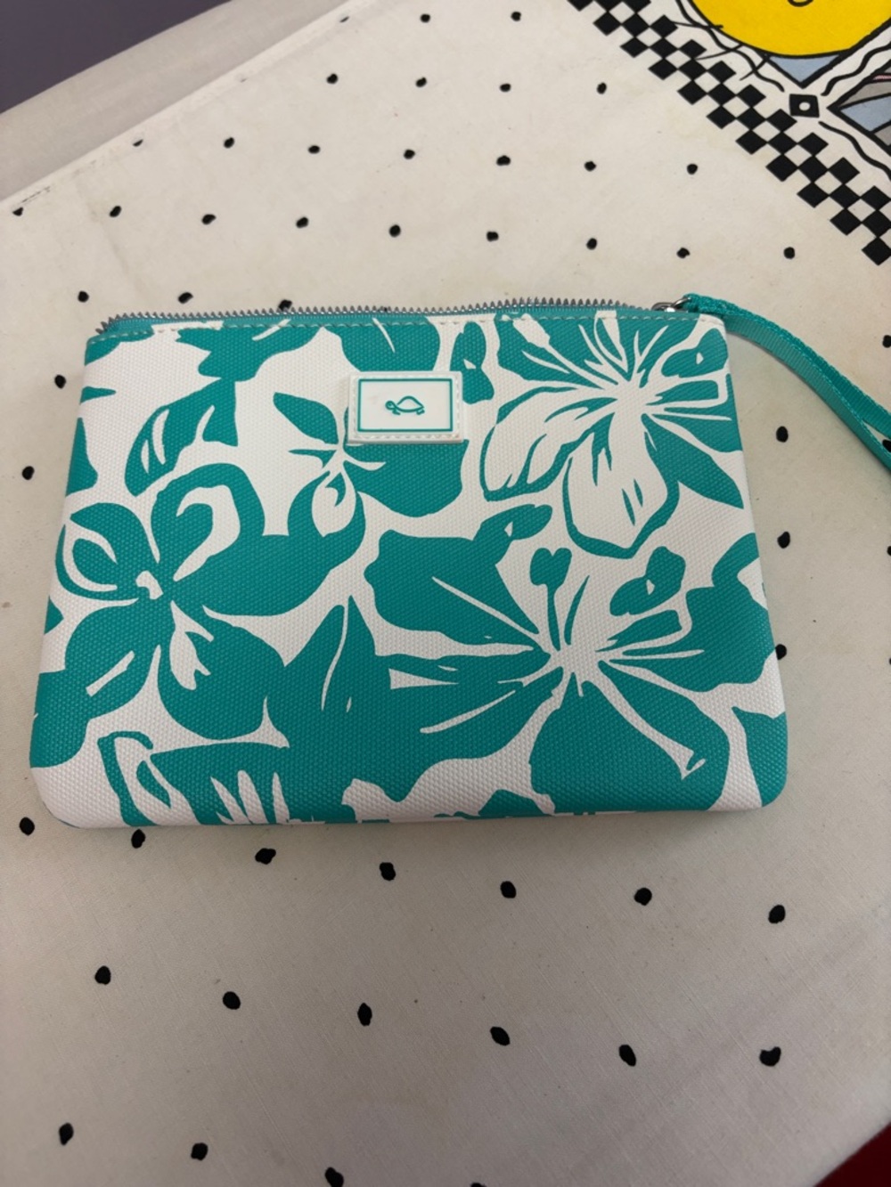 Carpisa Floral Print Wristlet Pouch - Teal White turtle logo from Italy